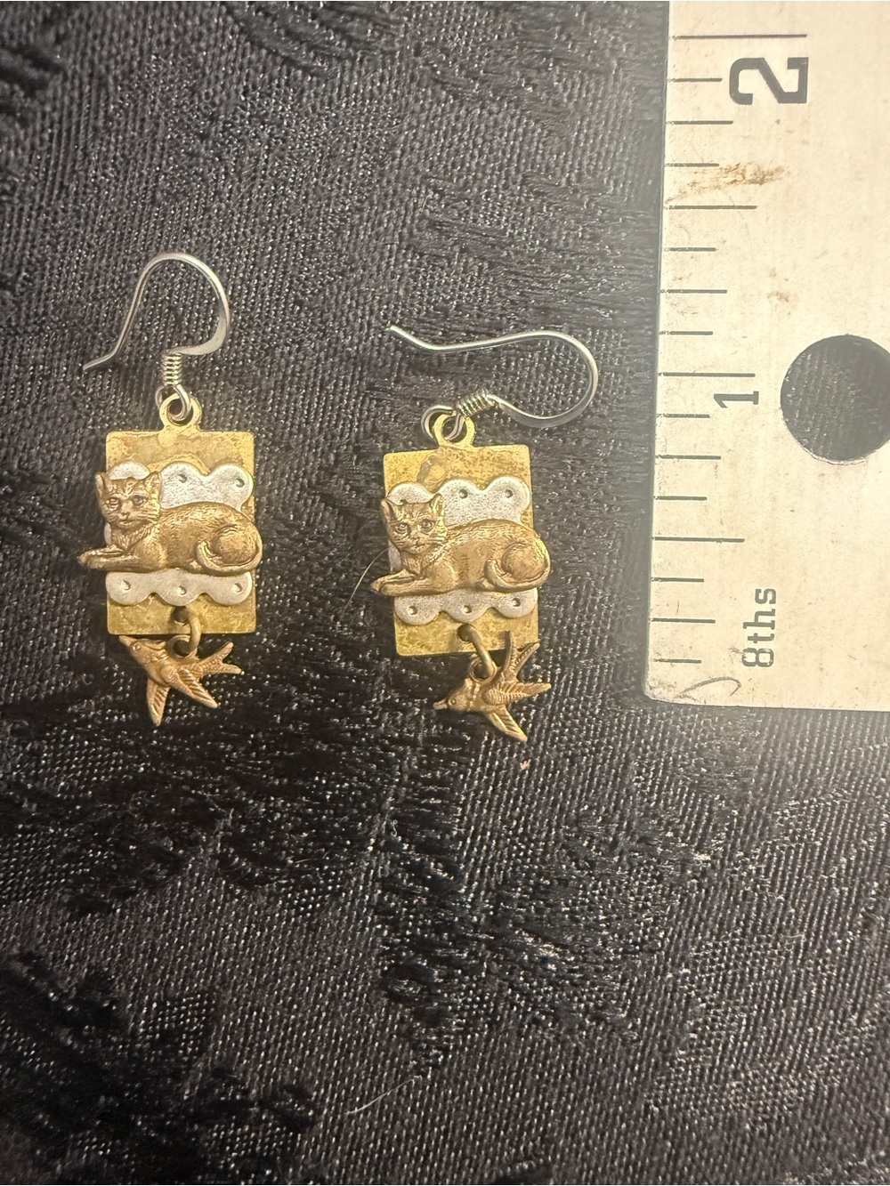 Handcrafted silver & bronze Cat and Bird Dangle Earrings - Cute Pet-Themed